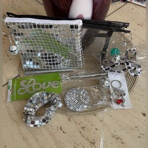 New Silver Disco Mirror Accessory Set - Clear Pouches & Charms